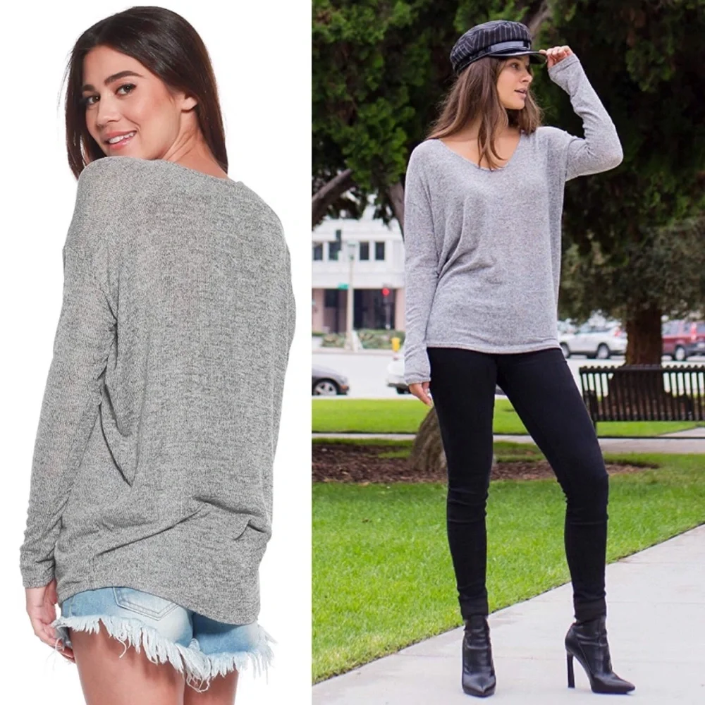 Slouchy Stretchy V Neck Marled Knit Sweater Top - Picture 9 of 10